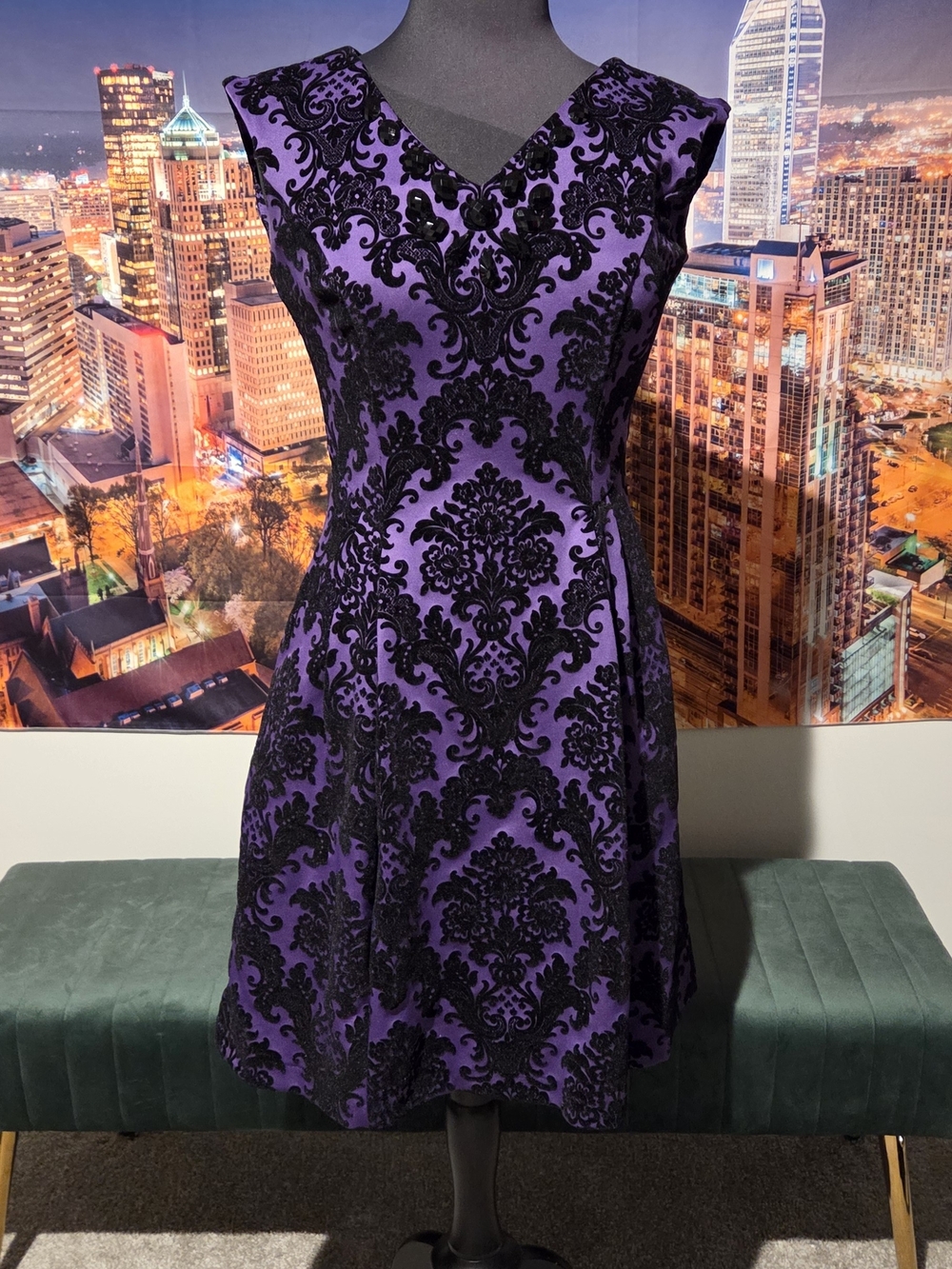 Purple & Black Damask Fit-and-Flare Dress